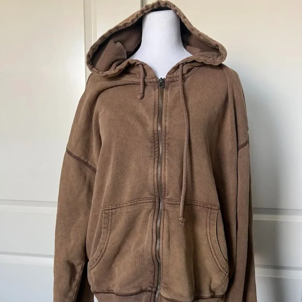 BDG Brown Oversized Long Sleeve Full Zip Hooded Hoodie Sweatshirt Size Medium